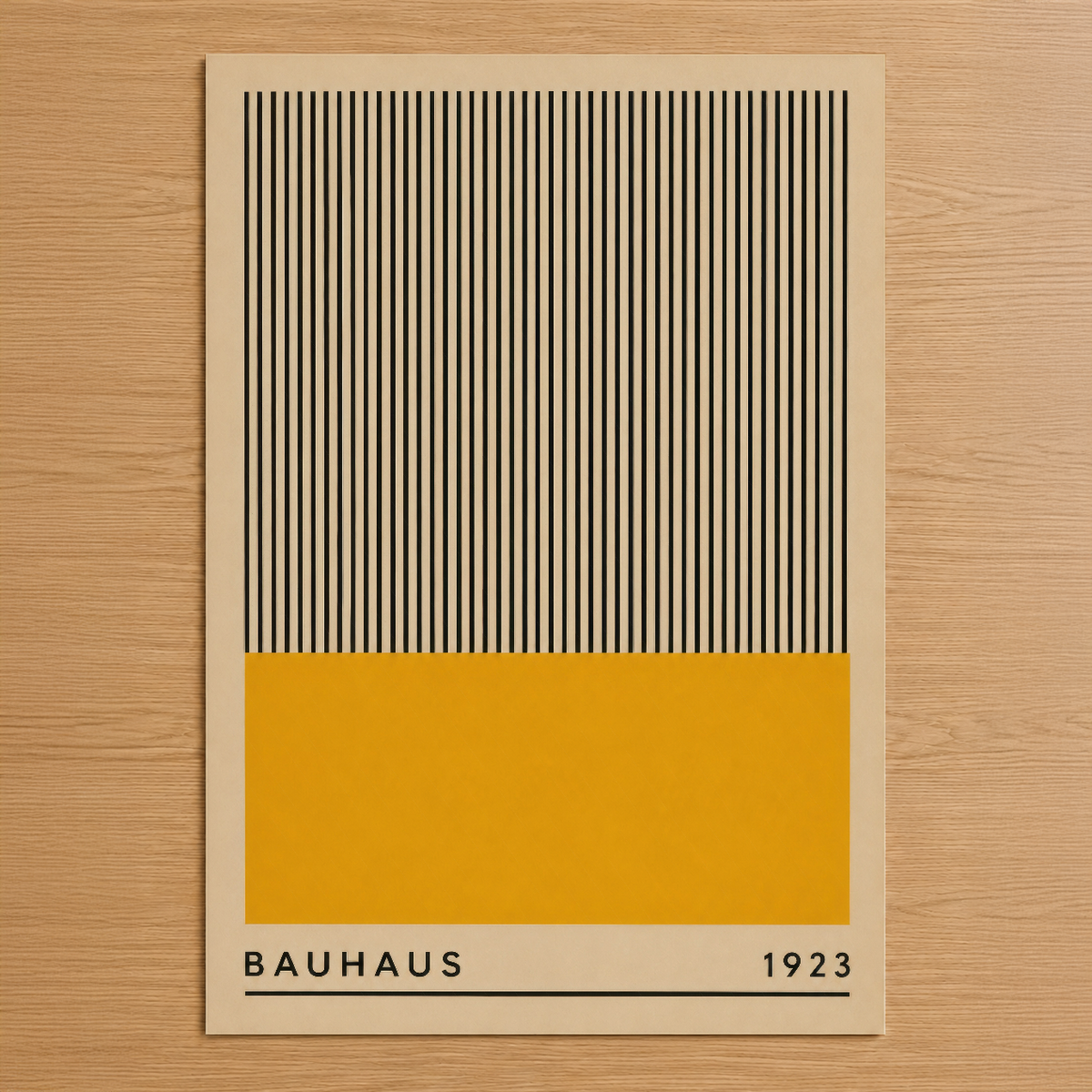 1923 Bauhaus tarzı poster, çizgisel desenler ve altın sarısı blok renkle minimalist tasarım