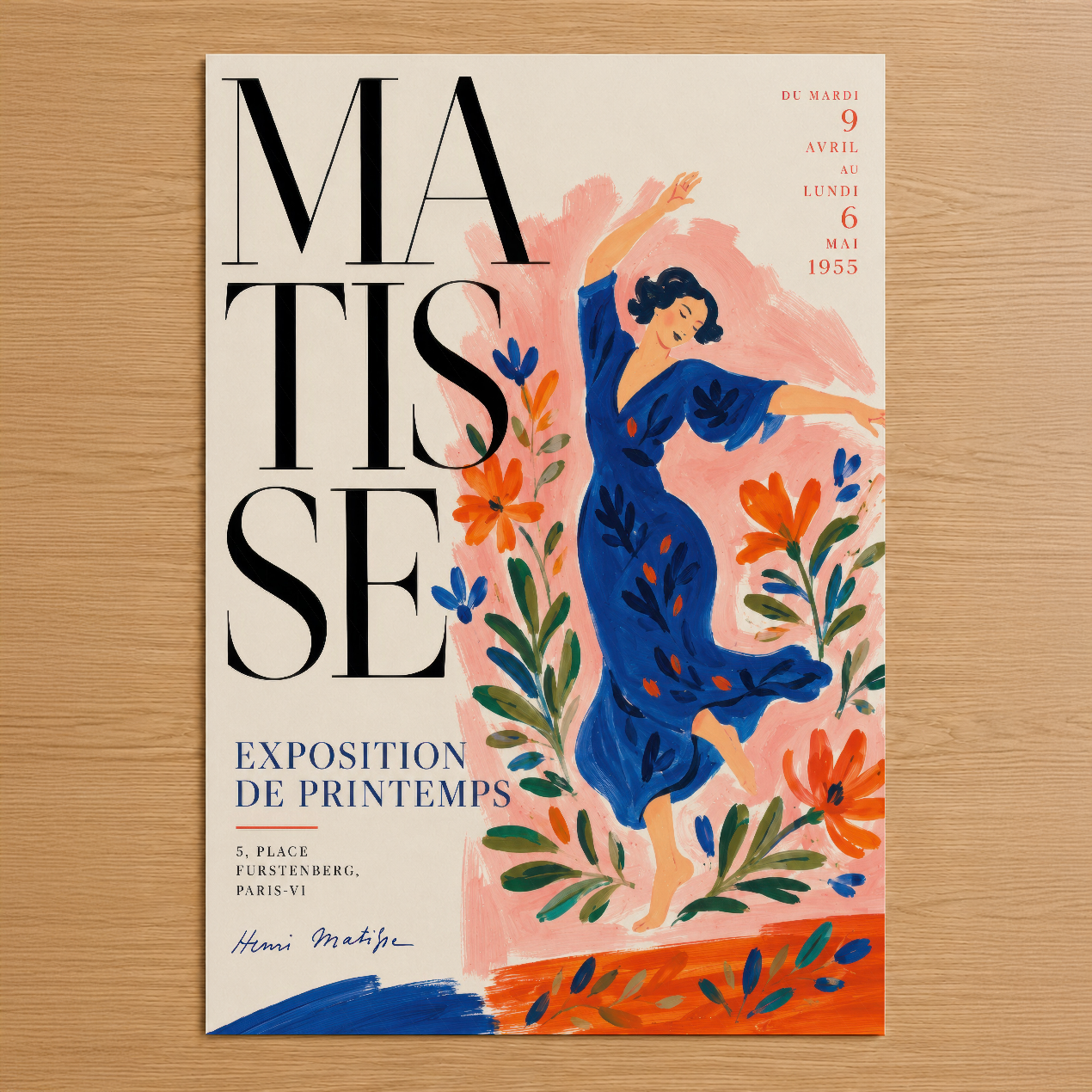 1955 Matisse bahar sergisi afişi, koyu mavi elbiseli figür ve renkli çiçeklerle sanat tarihinden esinlenen tasarım.