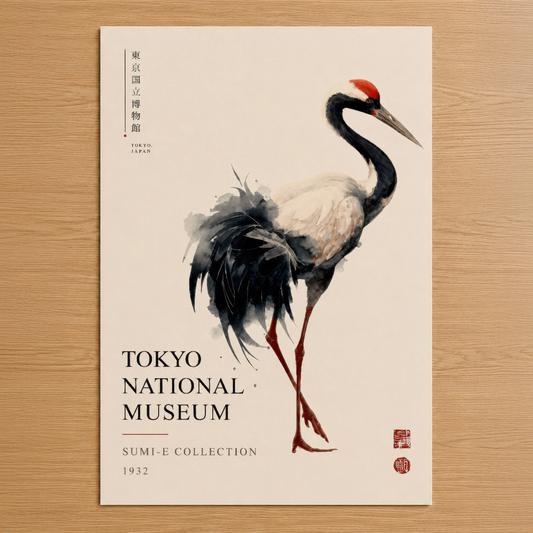Tokyo Müzesi koleksiyonundan ilham alan, kırmızı tacı ve siyah tüyleriyle zarif turna figürünü sunan minimalist Japon tarzı
