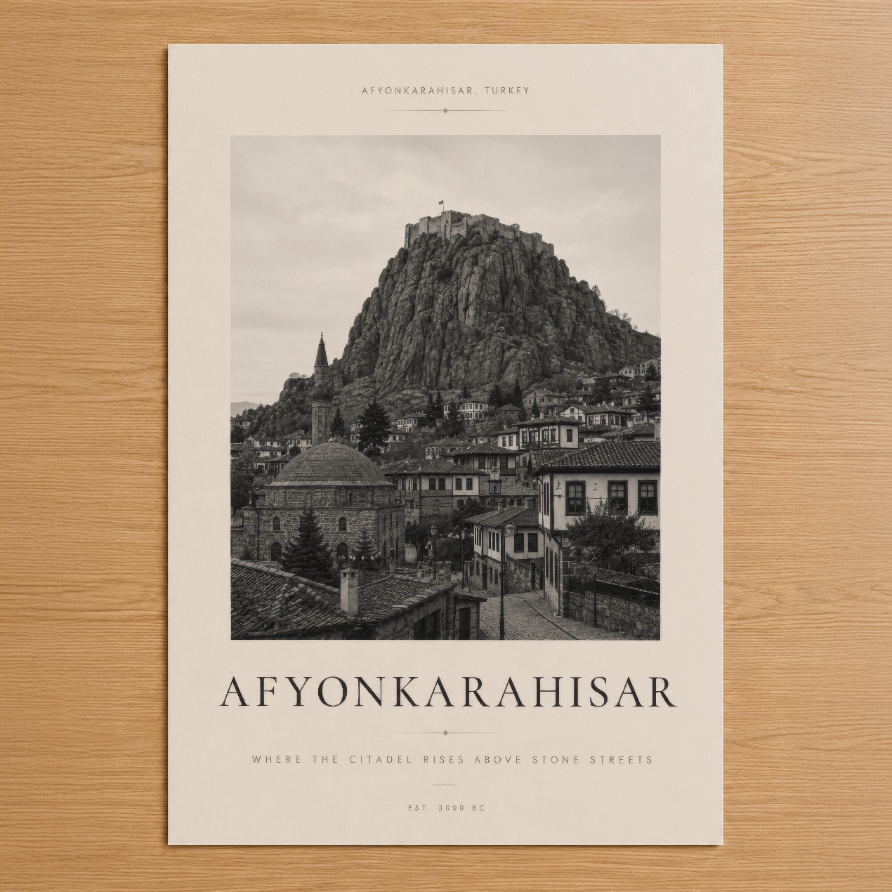 Afyonkarahisar'ın ikonik kalesini siyah-beyaz fotoğrafik stilde sunan zarif poster tablosu
