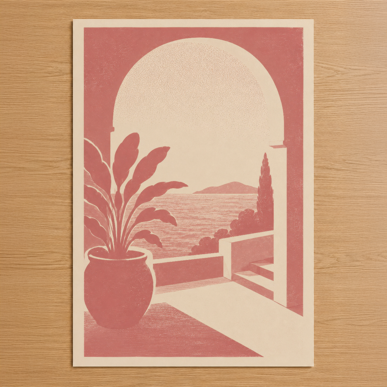 Akdeniz manzarası ve saksı bitkisiyle Art Deco tarzında pembe tonlu minimalist poster tasarımı.