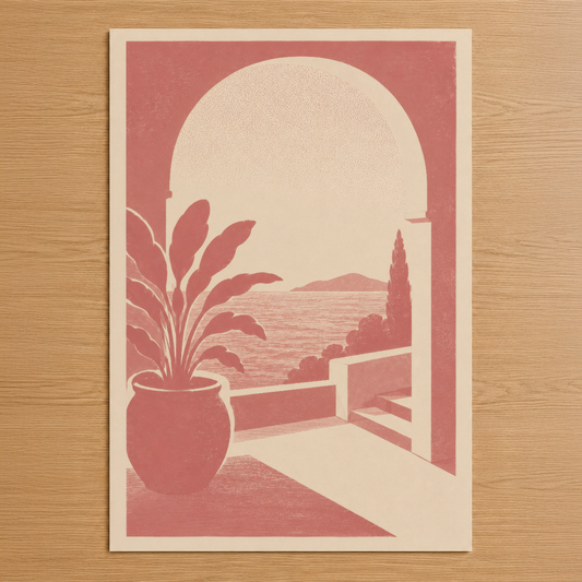 Akdeniz manzarası ve saksı bitkisiyle Art Deco tarzında pembe tonlu minimalist poster tasarımı.