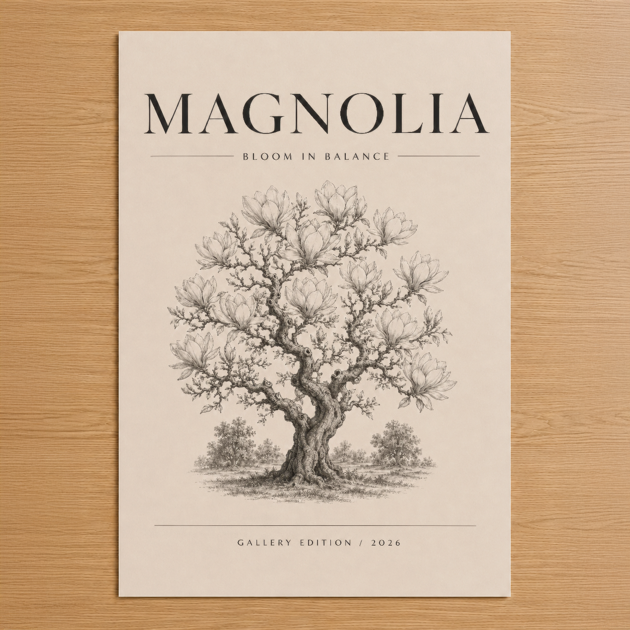 Magnolia ağacının zarif kalem çizimini gösteren, klasik minimalist tasarımlı sanat baskısı.