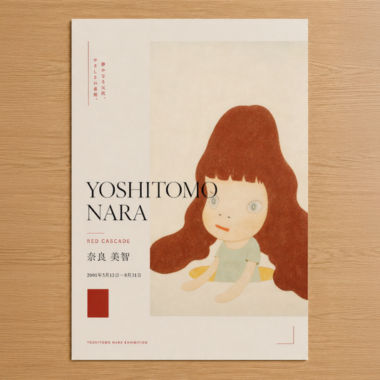 Yoshitomo Nara Red Cascade sergisine özel sanat tablosu, kızıl saçlı figürün yumuşak ekspresyonist portresiyle minimalist
