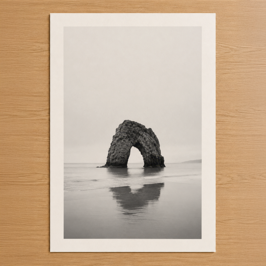 Siyah beyaz deniz fotoğrafası: kayalık kaya arkı sessiz kıyıda, minimalist ve sakin atmosfer.