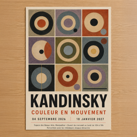 Kandinsky'nin ikonik daire desenleriyle hazırlanmış, renkli geometrik composisyon sergileyen sanat tablosu.