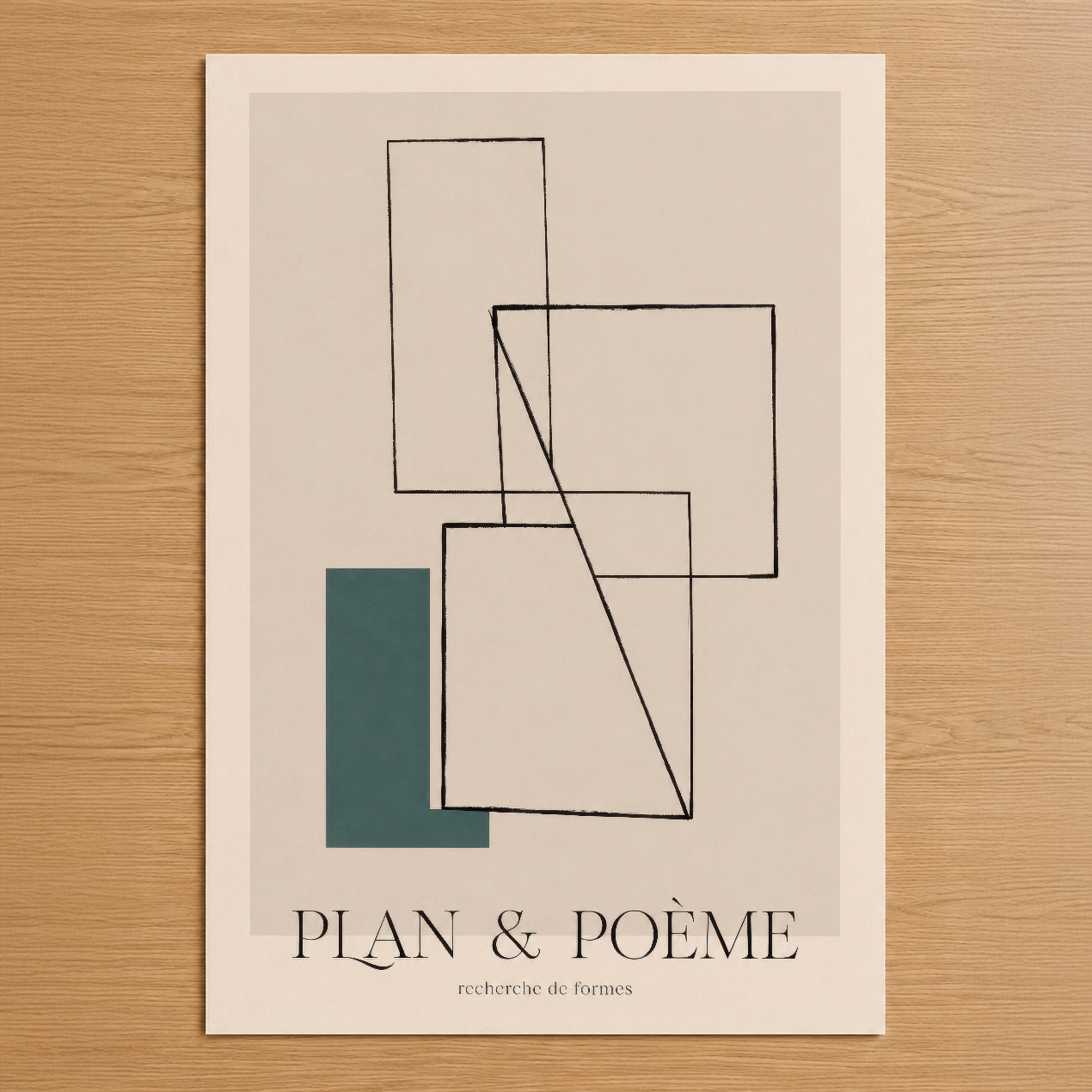 Plan & Poème tablosu, geometrik şekiller ve teal renkli dikdörtgen detaylarla minimal tasarım sunar.