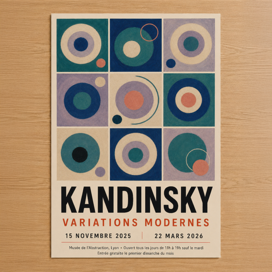 Kandinsky'nin ikonik Variations Modernes posterinin geometrik daire tasarımı, sakin maviler ve mercan tonlarıyla soyut