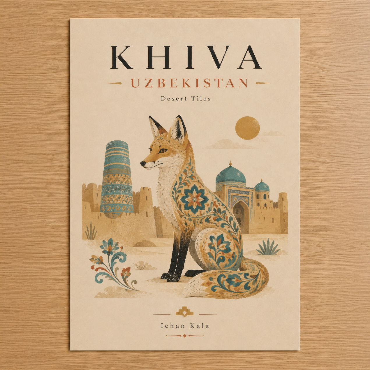 Khiva Özbekistan Desert Tiles posteri: İslami motifleriyle süslenmiş tilkinin başında Orta Asya mimarisi ve çöl atmosferi.