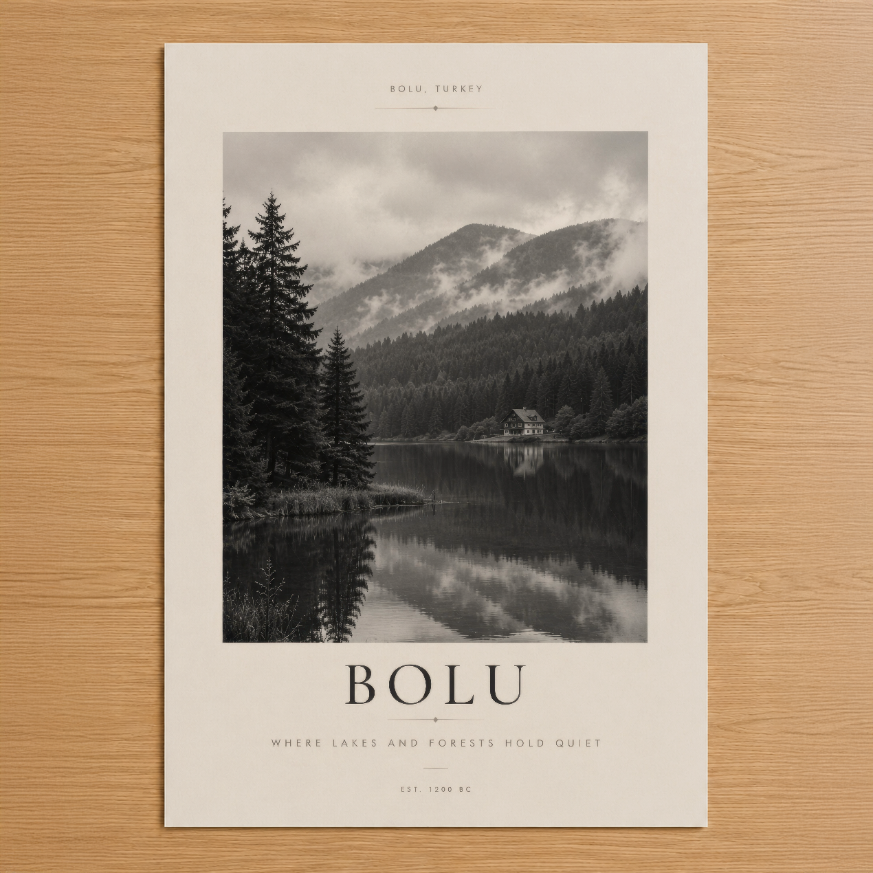 Bolu'nun sisli dağlarını ve yansıyan gölünü gösteren, minimalist tasarımlı siyah beyaz doğa tablosu.