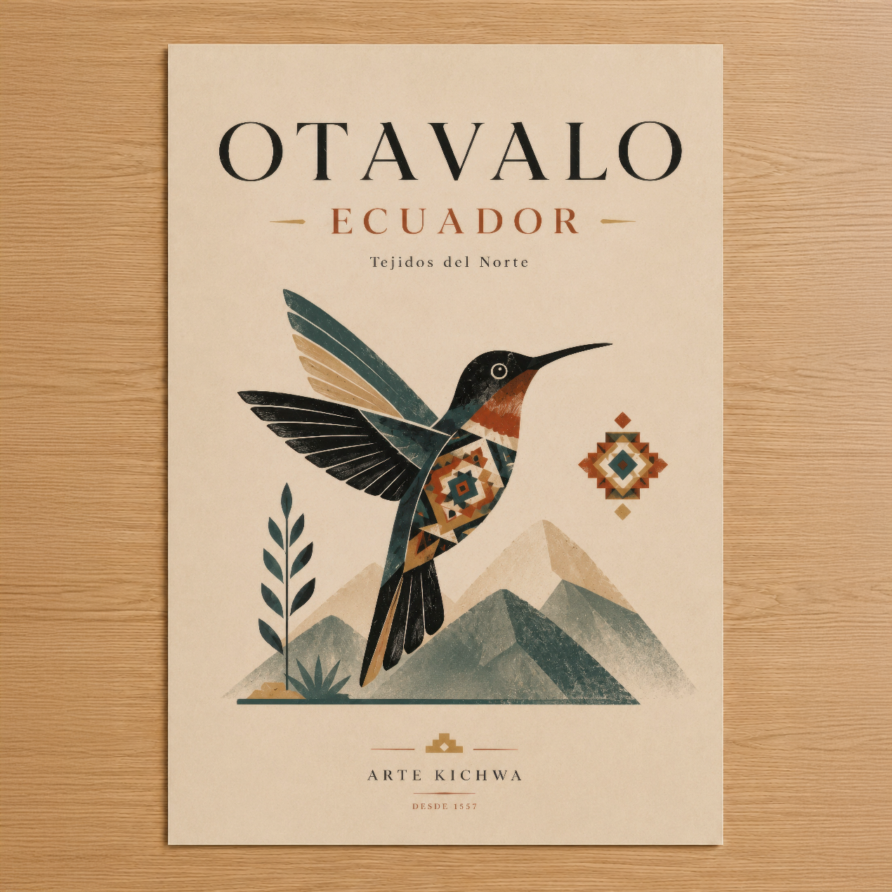 Otavalo Ecuador temalı, etnik geometrik desenleriyle dekoratif kuş tasarımı ve dağ manzarası.