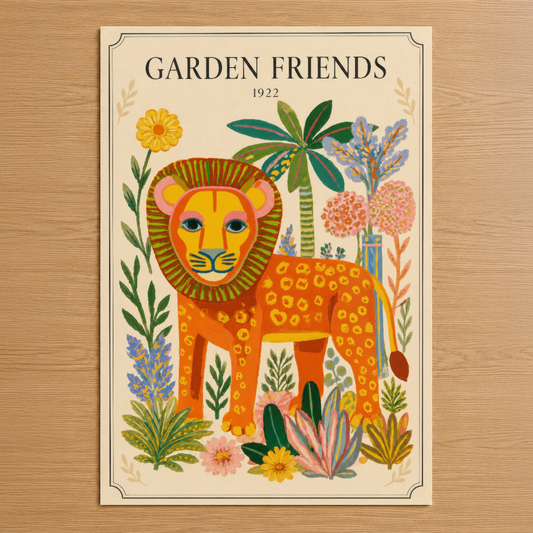 Vintage tarzı Garden Friends tablosu, sanat deco stilinde renkli aslan ve çiçek illüstrasyonu, nötr zemin üzerinde.