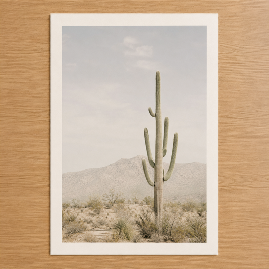 Çöl manzarası içinde yalnız saguaro kaktüsü, minimalist ve sakin estetik taşıyan duvar tablosu.