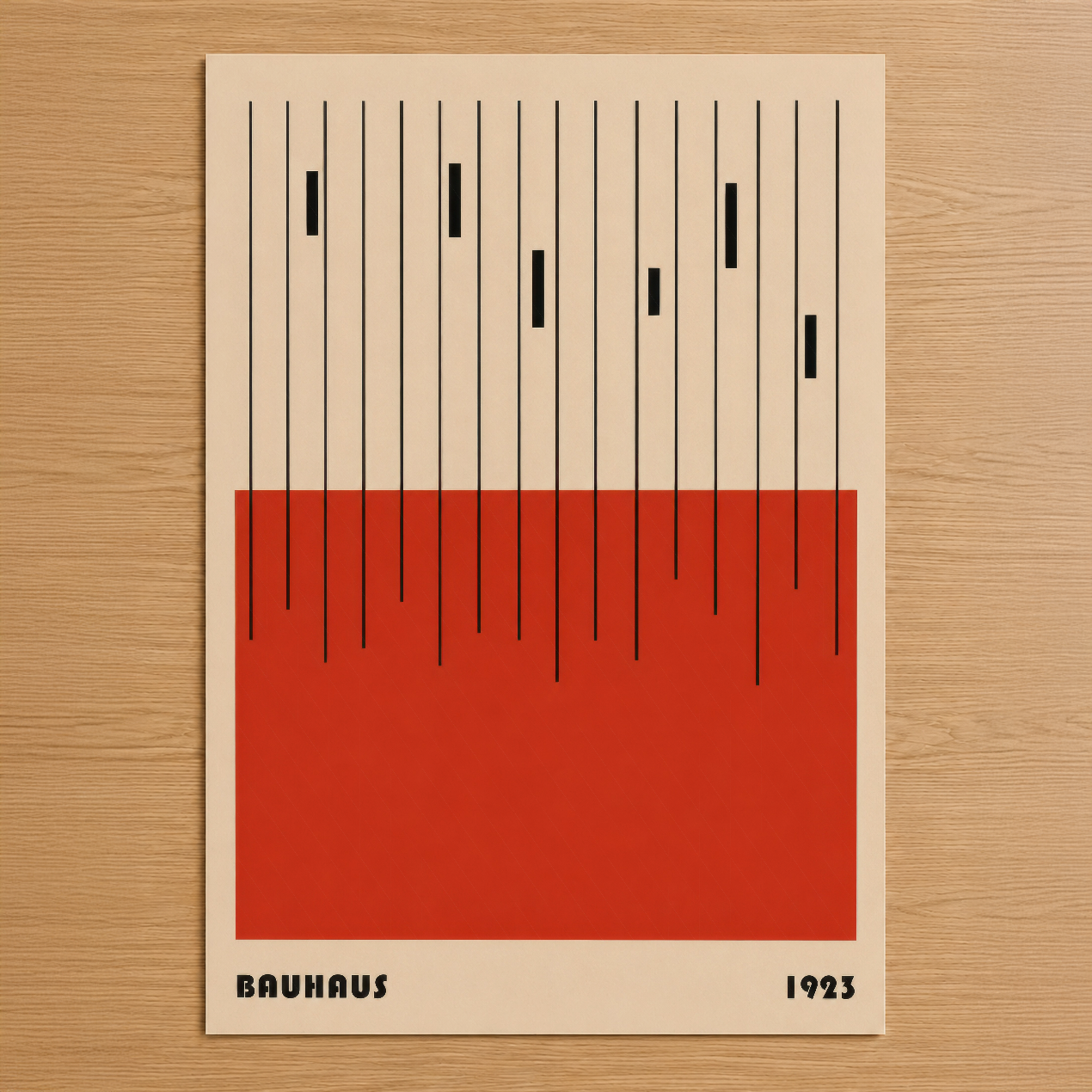Bauhaus 1923 tasarımıyla, krem zemininde siyah çizgiler ve canlı kırmızı alan içeren minimalist geometrik sanat tablosu.