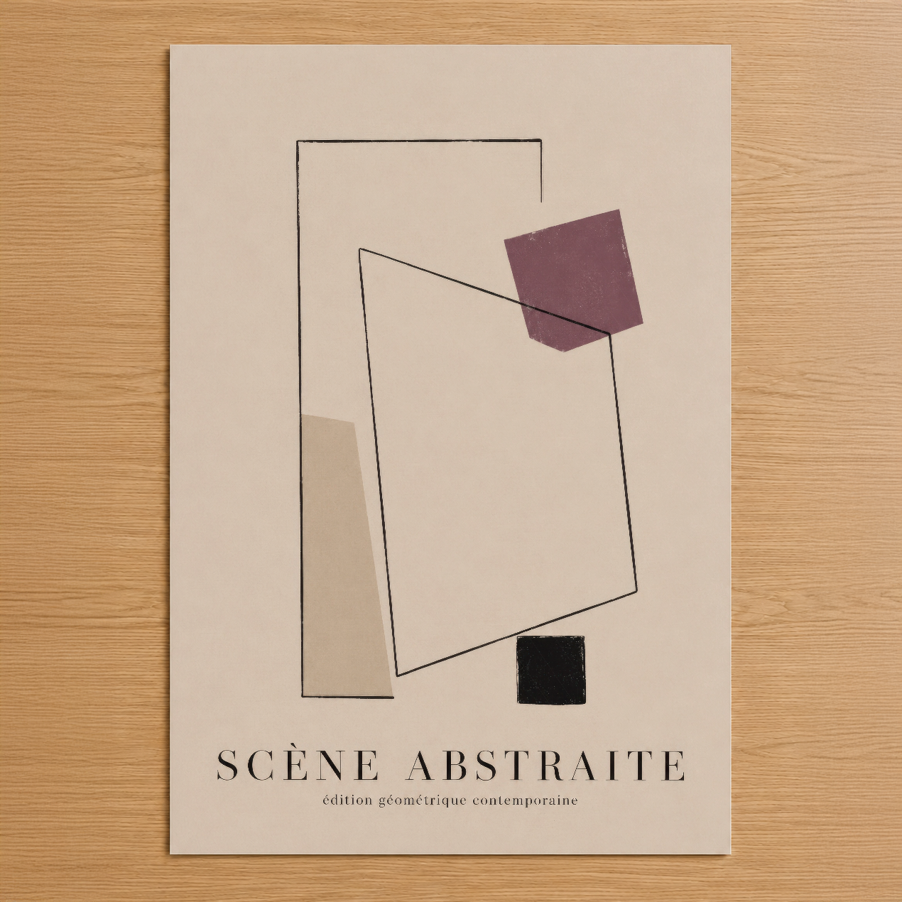 Scène Abstraite tasarımı, geometrik şekiller ve pastel renklerle minimalist sanat eseri.