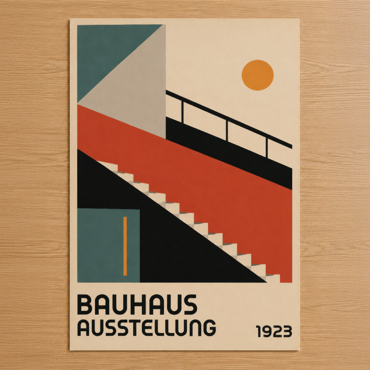 Bauhaus Ausstellung 1923 tasarımı, geometrik şekiller ve canlı renklerle modernist mimari estetik sunan poster.