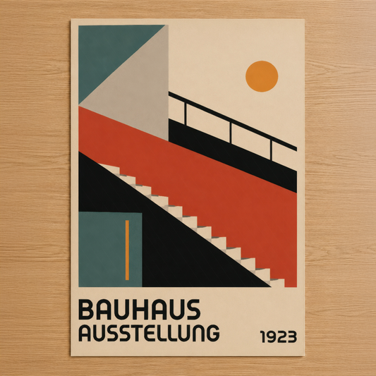 Bauhaus Ausstellung 1923 tasarımı, geometrik şekiller ve canlı renklerle modernist mimari estetik sunan poster.