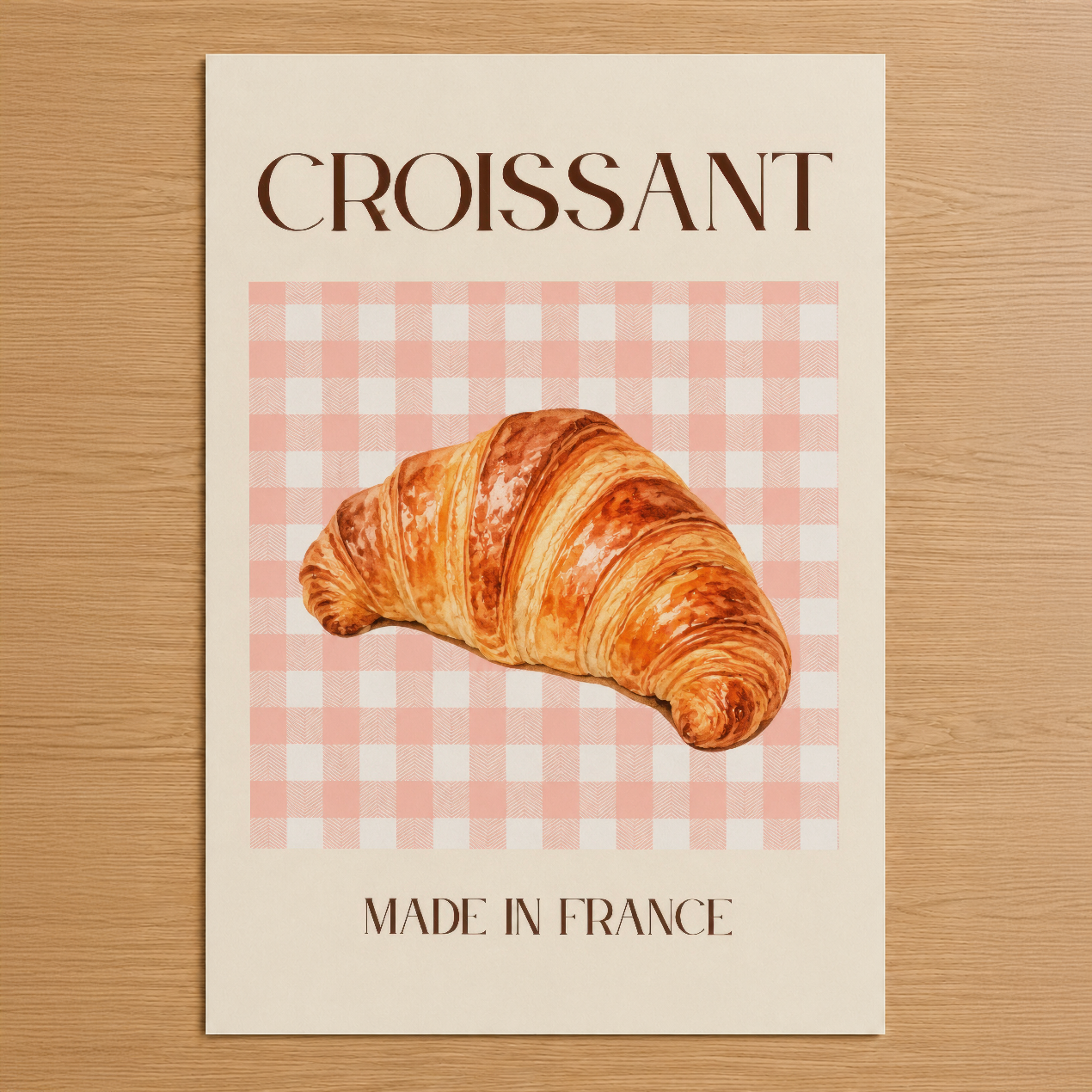 Vintage tarzında croissant tasarımlı duvar tablosu, pembe kareli arka plan ve Fransız esintisi ile mutfak dekorasyon için
