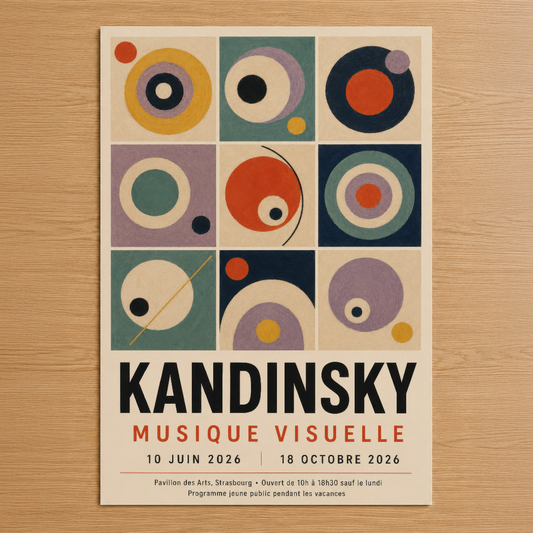 Kandinsky Musique Visuelle sergisi posteri, renkli geometrik daireler ve soyut formlarla müzik ve görselliği birleştiren