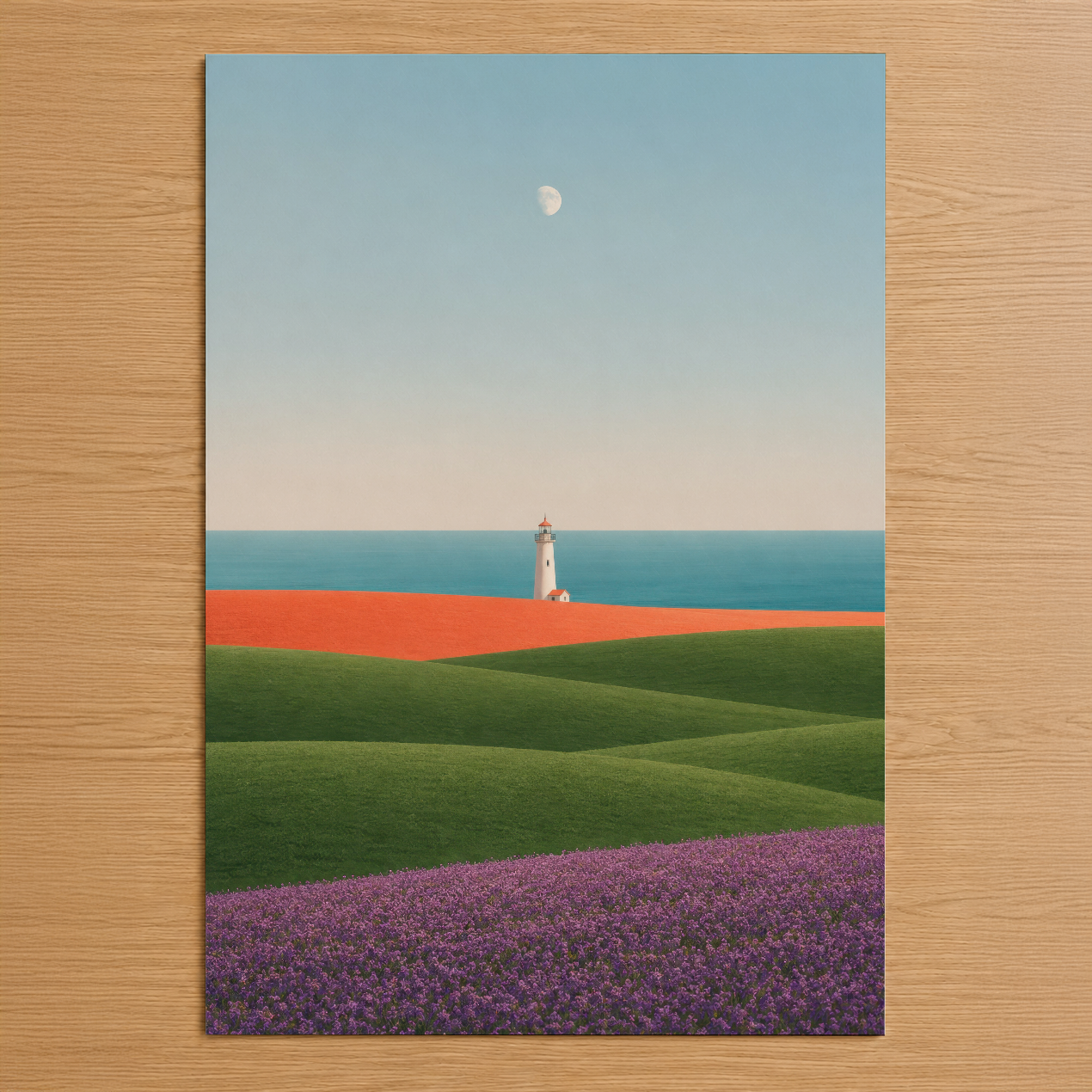 Deniz feneri ve çiçek tarlası manzarasıyla minimalist sanat tablosu, pastel renkli horizon tasarımı