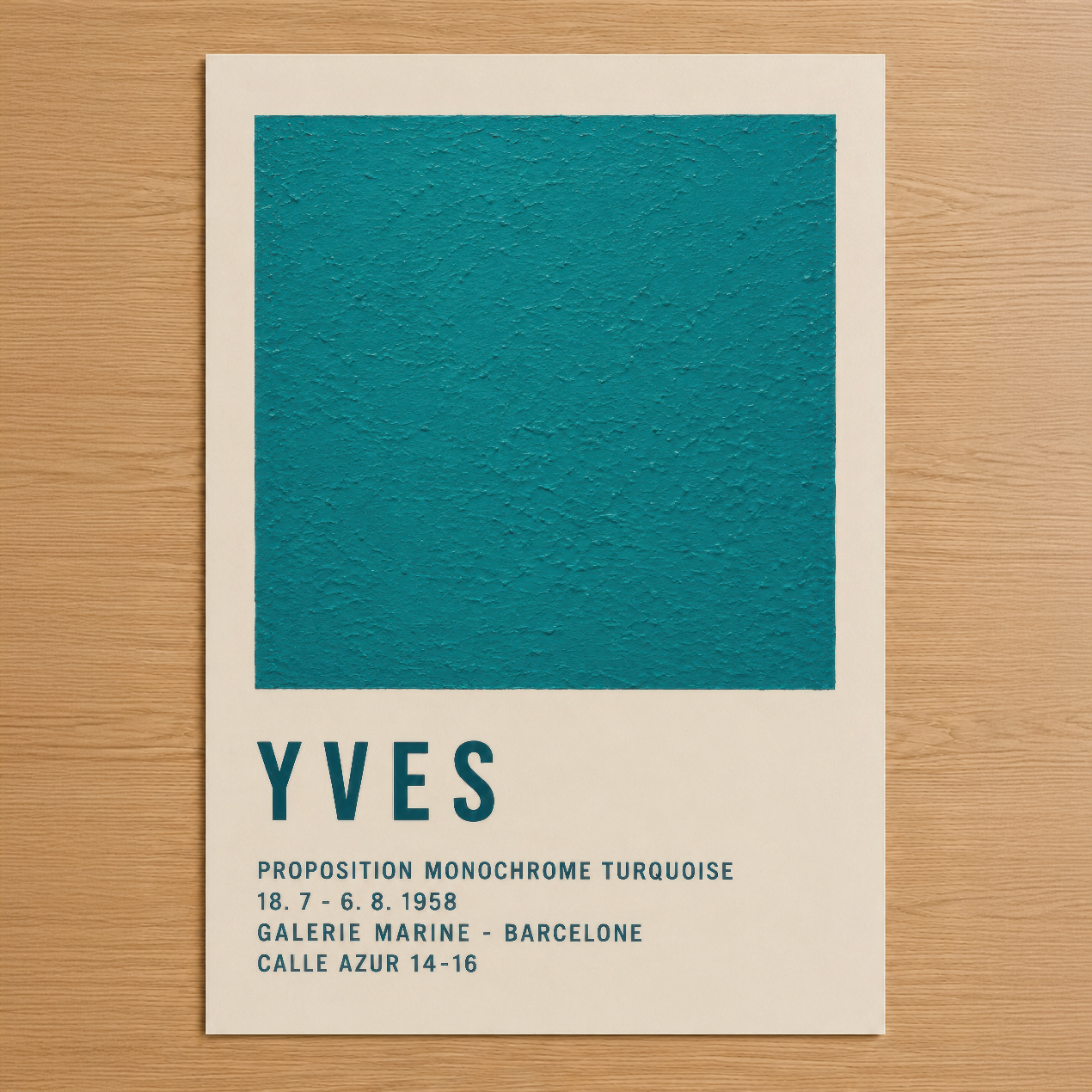 Minimalist Yves posteri, canlı turkuaz renk bloğu ve 1958 Barcelona galeri metni içeren retro tasarım