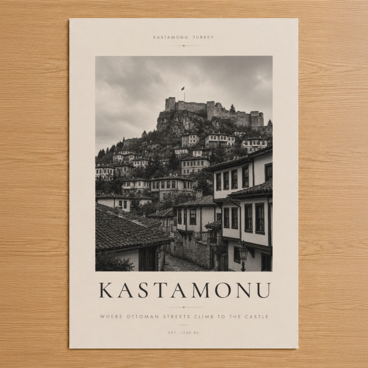Kastamonu'nun Osmanlı mimarisini siyah beyaz fotoğrafla sunan minimalist tasarım poster.