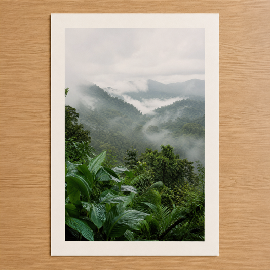 Sisli dağ vadisini ve tropikal bitkileri gösteren doğa fotoğrafı tablosu, minimalist beyaz çerçevesiyle.
