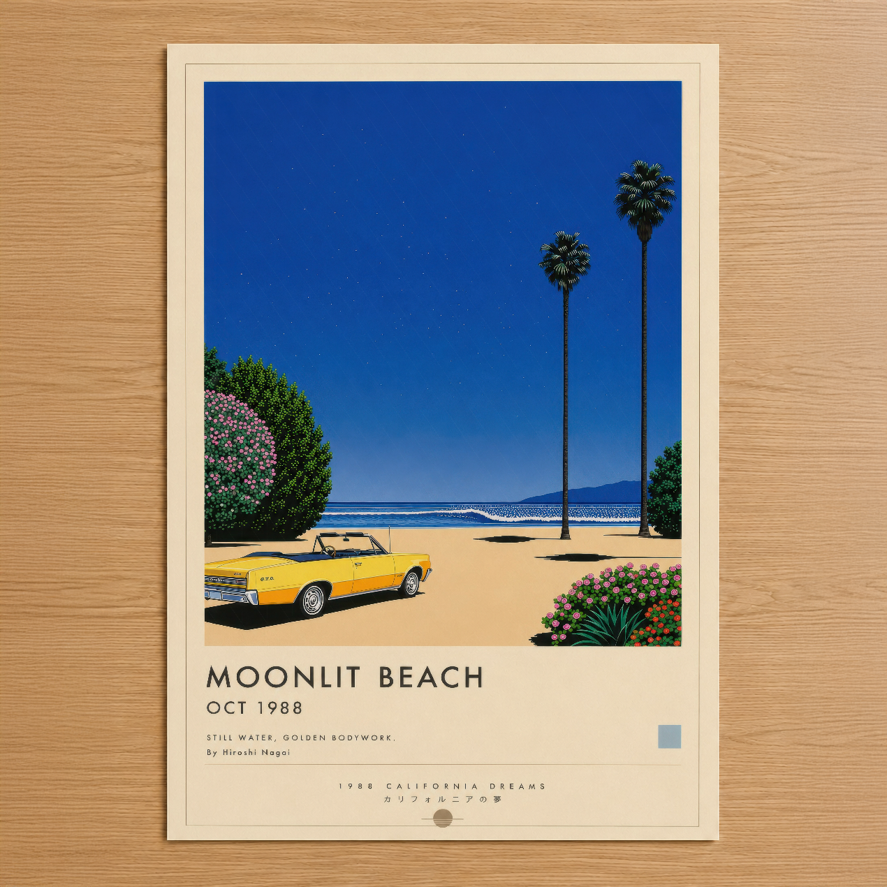 Moonlit Beach posteri, sarı klasik araç ve palmiye ağaçlarıyla 1988 California sahil sahnesi.