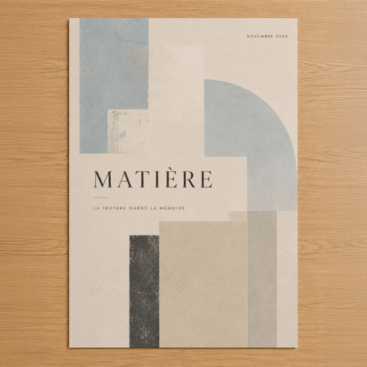 Matière tablosu, geometrik şekiller ve vintage doku ile minimalist tasarım, gri ve krem tonlarında sanat eseri.