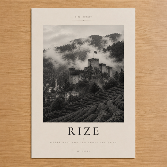 Rize Türkiye siyah beyaz tablosu, misty dağlar üzerinde eski kale ve çay tarlalarını gösteren minimalist posterdir.