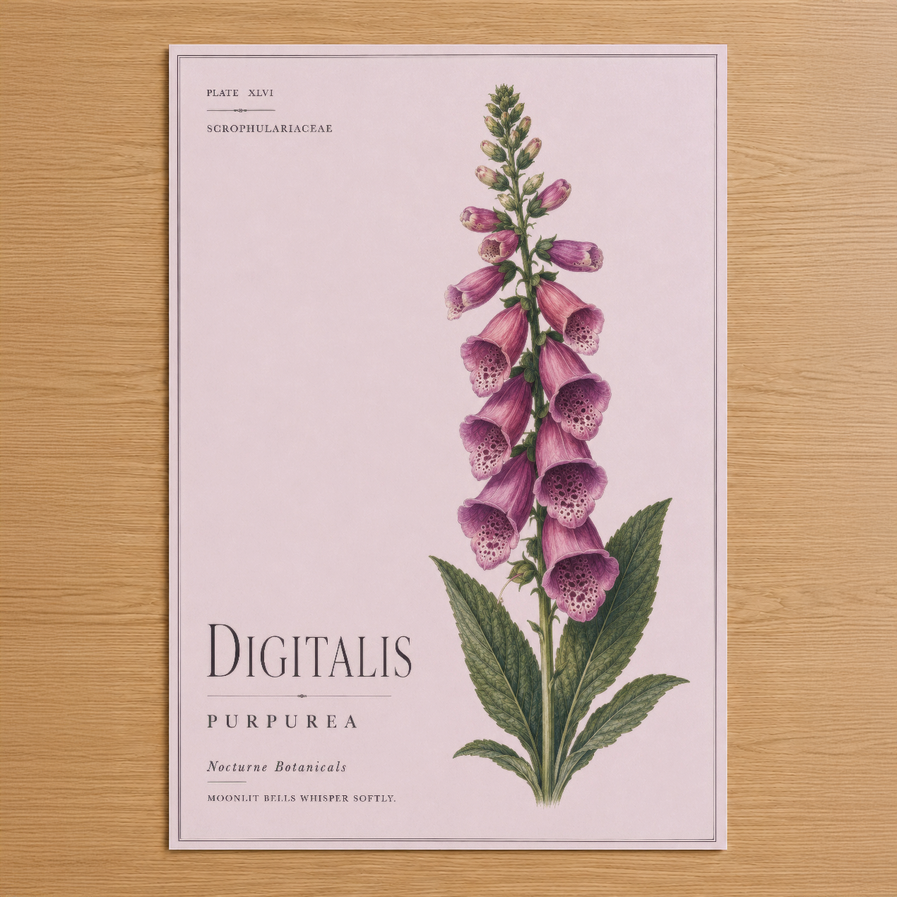 Vintage botanik tarzında, pembe çiçekli Digitalis Purpurea tablosu, klasik bilimsel illüstrasyon stilinde.