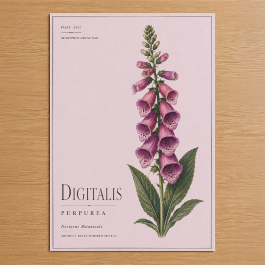 Vintage botanik tarzında, pembe çiçekli Digitalis Purpurea tablosu, klasik bilimsel illüstrasyon stilinde.