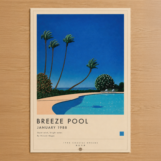 Breeze Pool tablosu, 1988 Coastal Dreams koleksiyonundan, palmiye ağaçları ve turkuaz havuzlu minimalist sahil sahnesi.