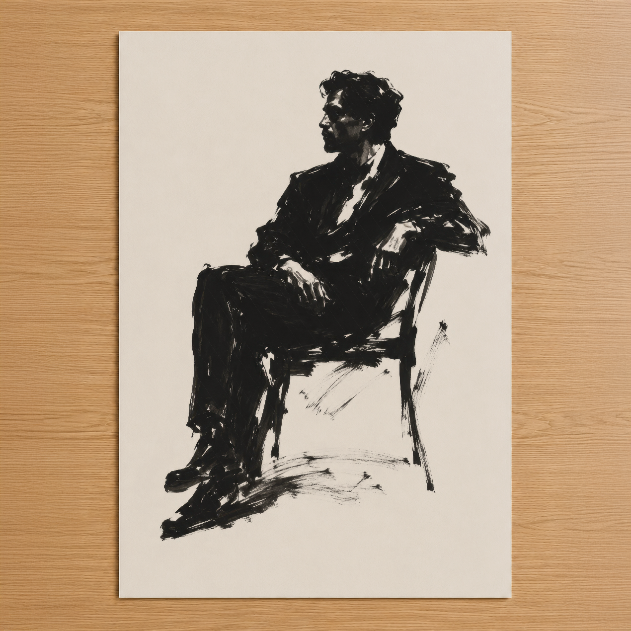Cesur siyah çizgilerle oturmuş bir adamın portresi, minimalist ve etkileyici sanat tablosu.