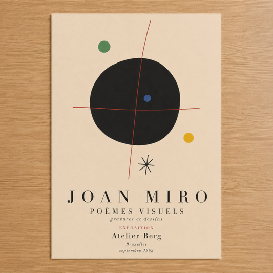 Joan Miro Poemes Visuels, soyut geometrik formlar ve renkli noktalarla tasarlanmış minimalist sanat poster.