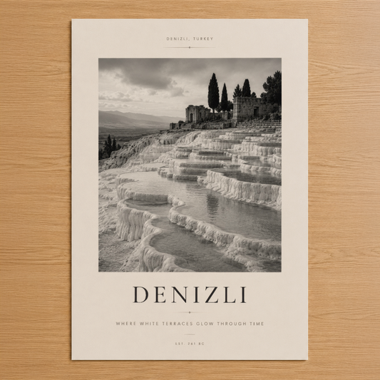 Denizli'nin ikonik beyaz travertenleri ve antik yapıları siyah-beyaz fotoğrafında zaman içinde parıldayan doğanın büyüsü.