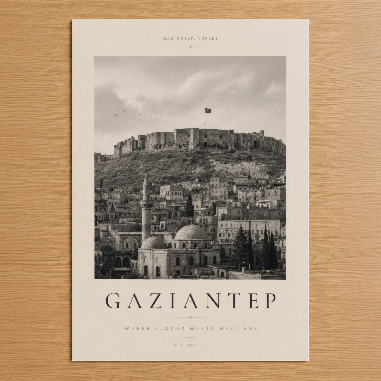 Gaziantep'in eski şehrini gösteren siyah beyaz şehir manzarası tablosu, tarihi kale ve cami mimarisiyle.