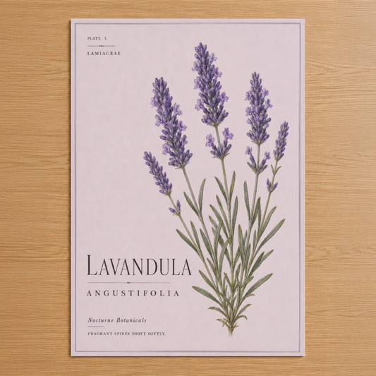 Lavandula Angustifolia botanik tablosu, mor çiçekleri ve yeşil gövdeleriyle zarif bir tasarım.