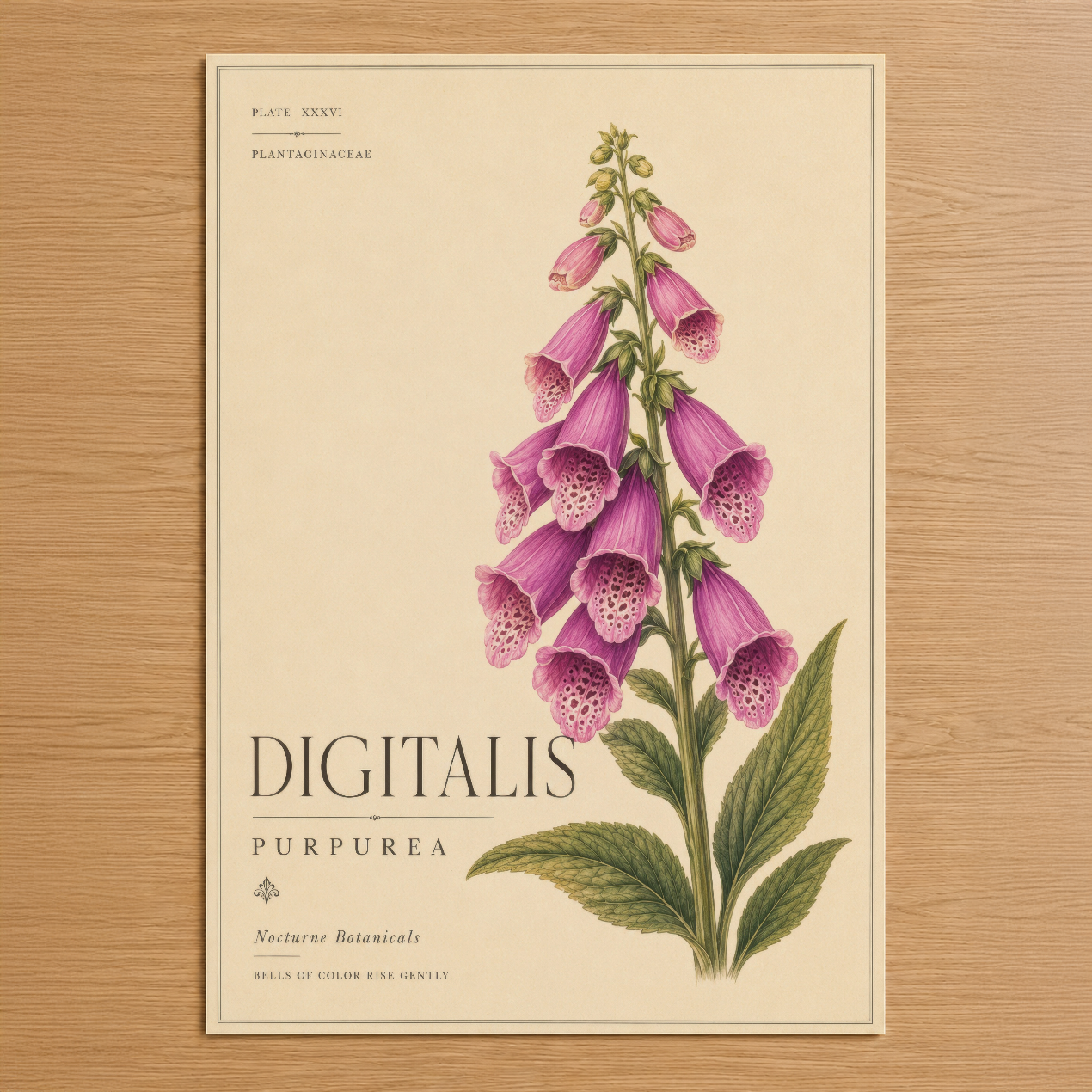 Botanik tarzında el-boyama tarzı Digitalis Purpurea çiçek posteri, vintage sanat koleksiyonuna ait.