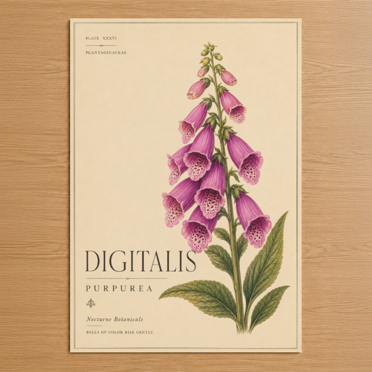 Botanik tarzında el-boyama tarzı Digitalis Purpurea çiçek posteri, vintage sanat koleksiyonuna ait.