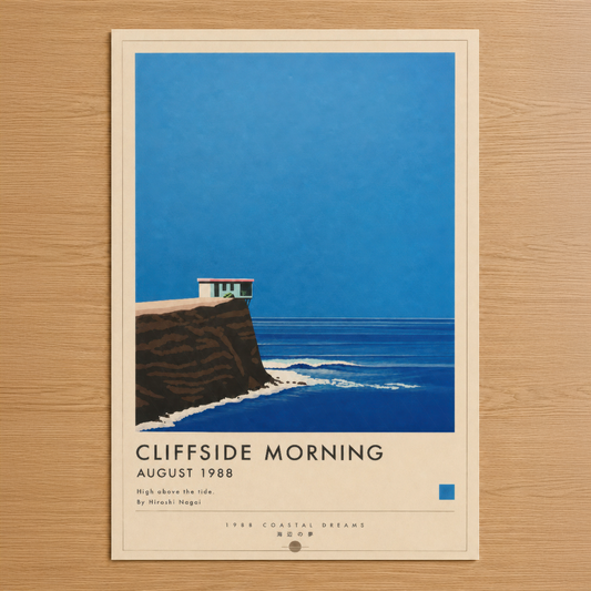 Cliffside Morning, deniz kenarındaki bir kulübenin yer aldığı minimal vintage sahil sanat posteri, canlı mavi ve doğal