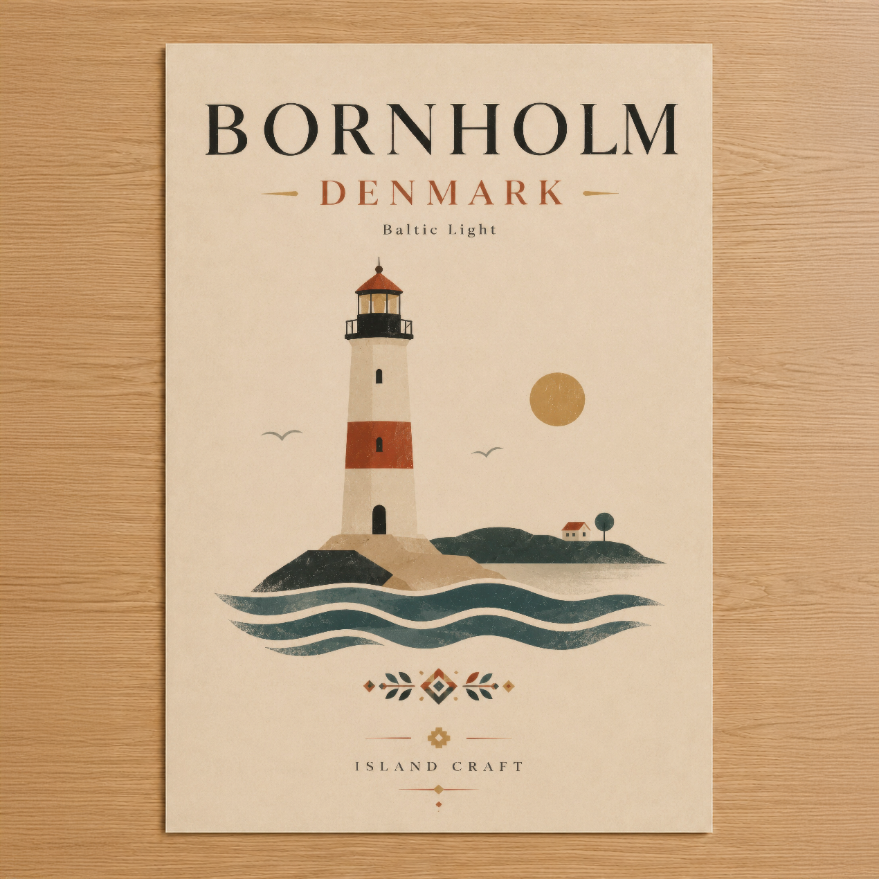 Bornholm, Danimarka feneri temalı minimalist tasarım poster, Nordic sanat stiliyle deniz ve adası tasvir eden duvar tablosu.