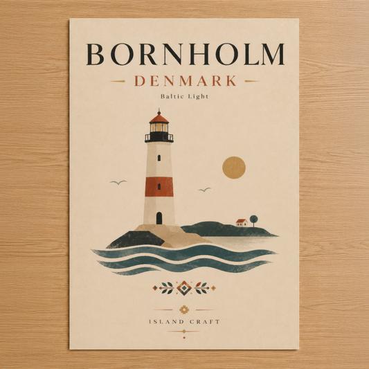 Bornholm, Danimarka feneri temalı minimalist tasarım poster, Nordic sanat stiliyle deniz ve adası tasvir eden duvar tablosu.