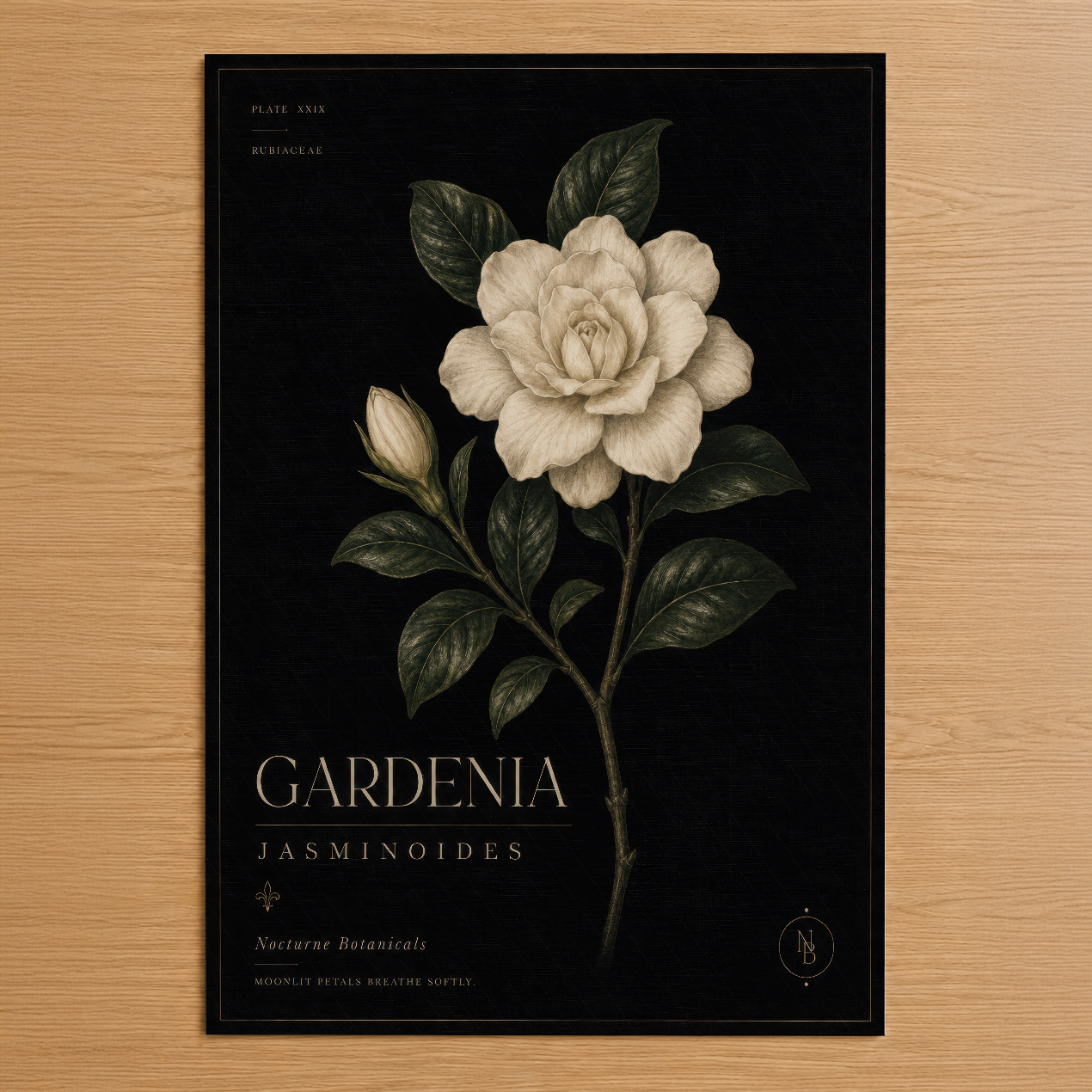 Klasik botanik tarzında beyaz gardenia çiçeği, siyah zeminde zarif detaylarla işlenmiş poster tablosu.