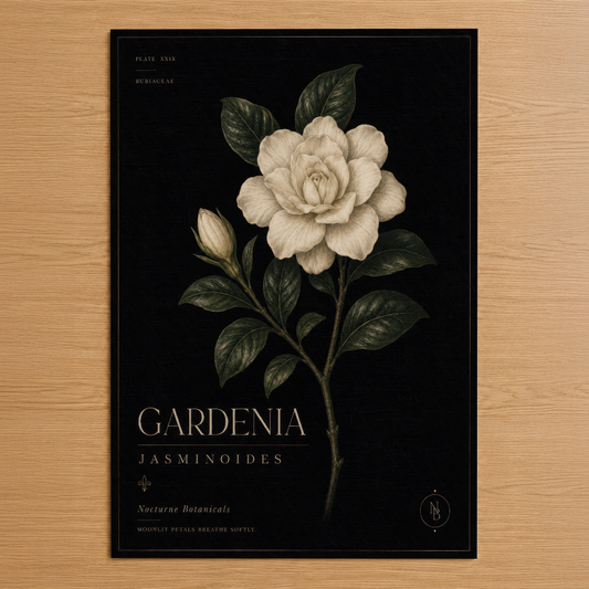 Klasik botanik tarzında beyaz gardenia çiçeği, siyah zeminde zarif detaylarla işlenmiş poster tablosu.