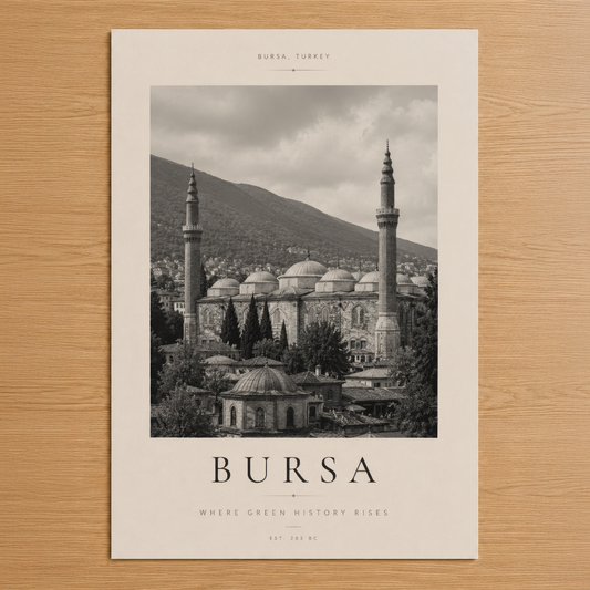 Bursa'nın tarihi mimarisini siyah-beyaz fotoğrafla gösteren minimalist poster tasarımı.