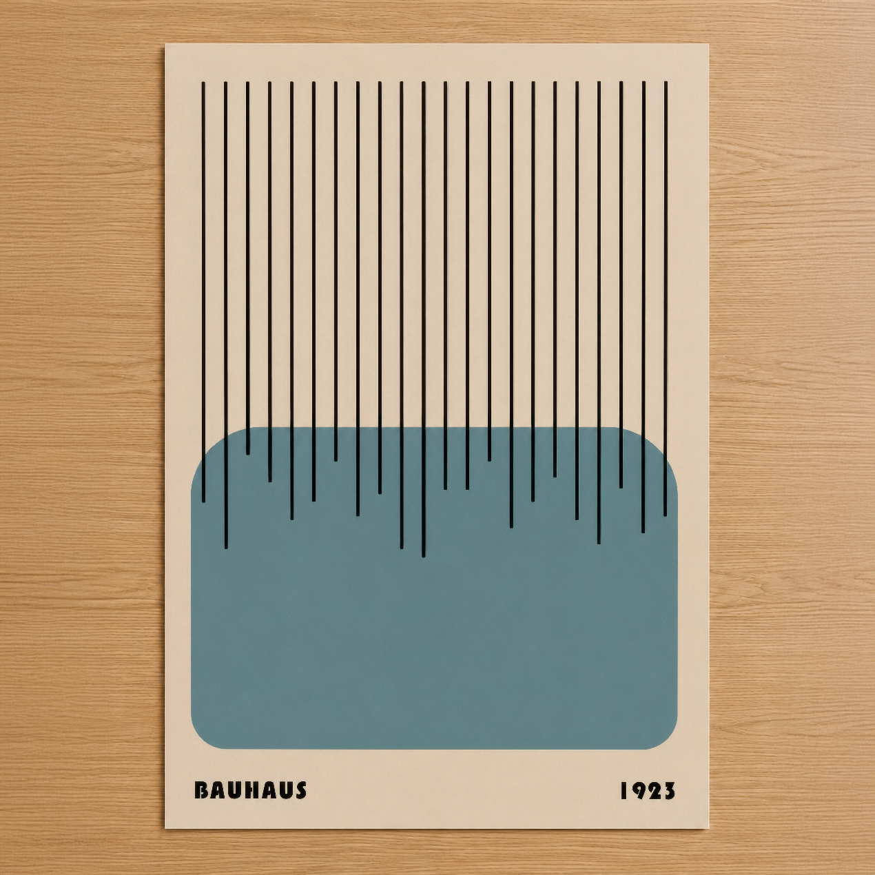 Bauhaus tarzında soyut tasarım, mavi geometrik form ve dikey çizgiler içeren minimalist poster.