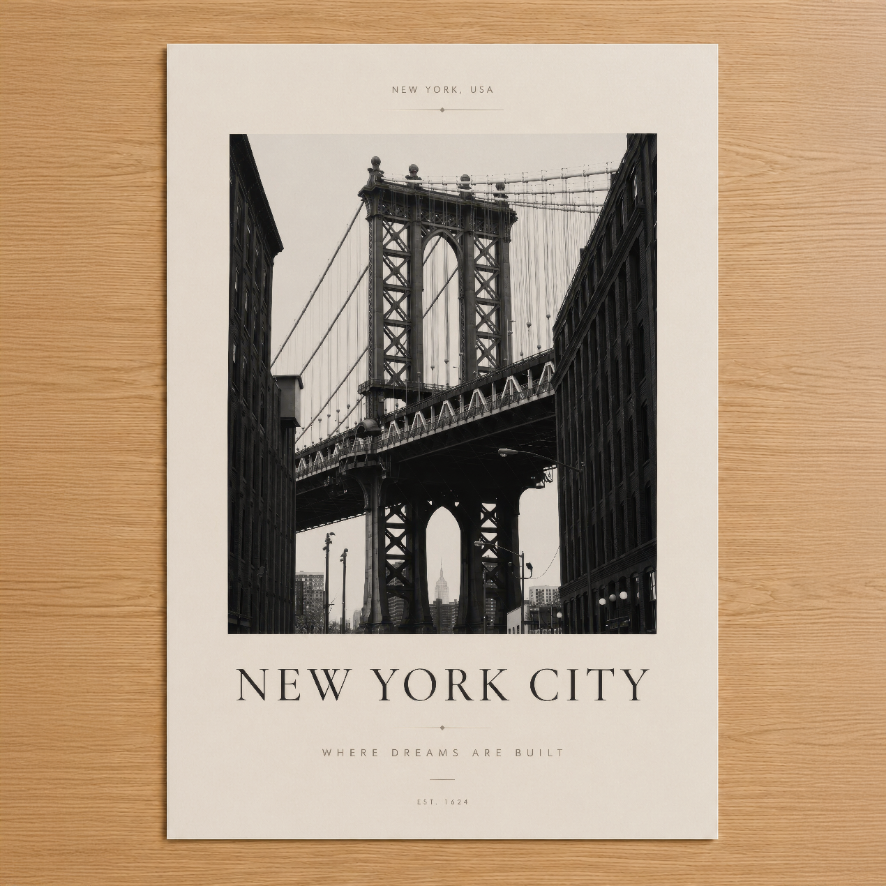 Manhattan Köprüsü'nün ikonik siyah-beyaz fotoğrafı, minimalist tasarım ve 'Rüyalar Burada İnşa Edilir' sloganıyla New York