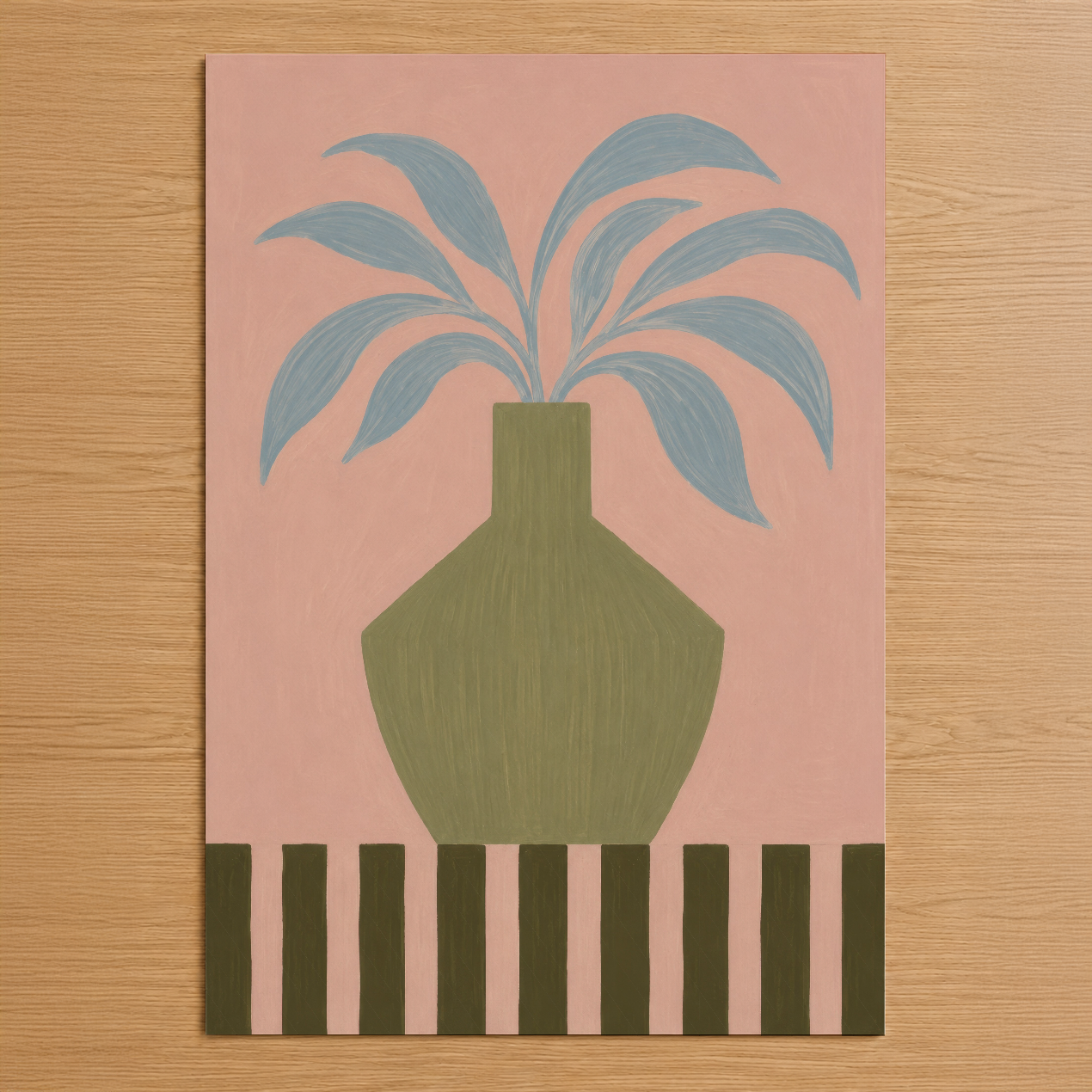 Pembe zemin üzerinde mavi yapraklı bitkinin yer aldığı, yağlı boya tarzı minimalist duvar tablosu.