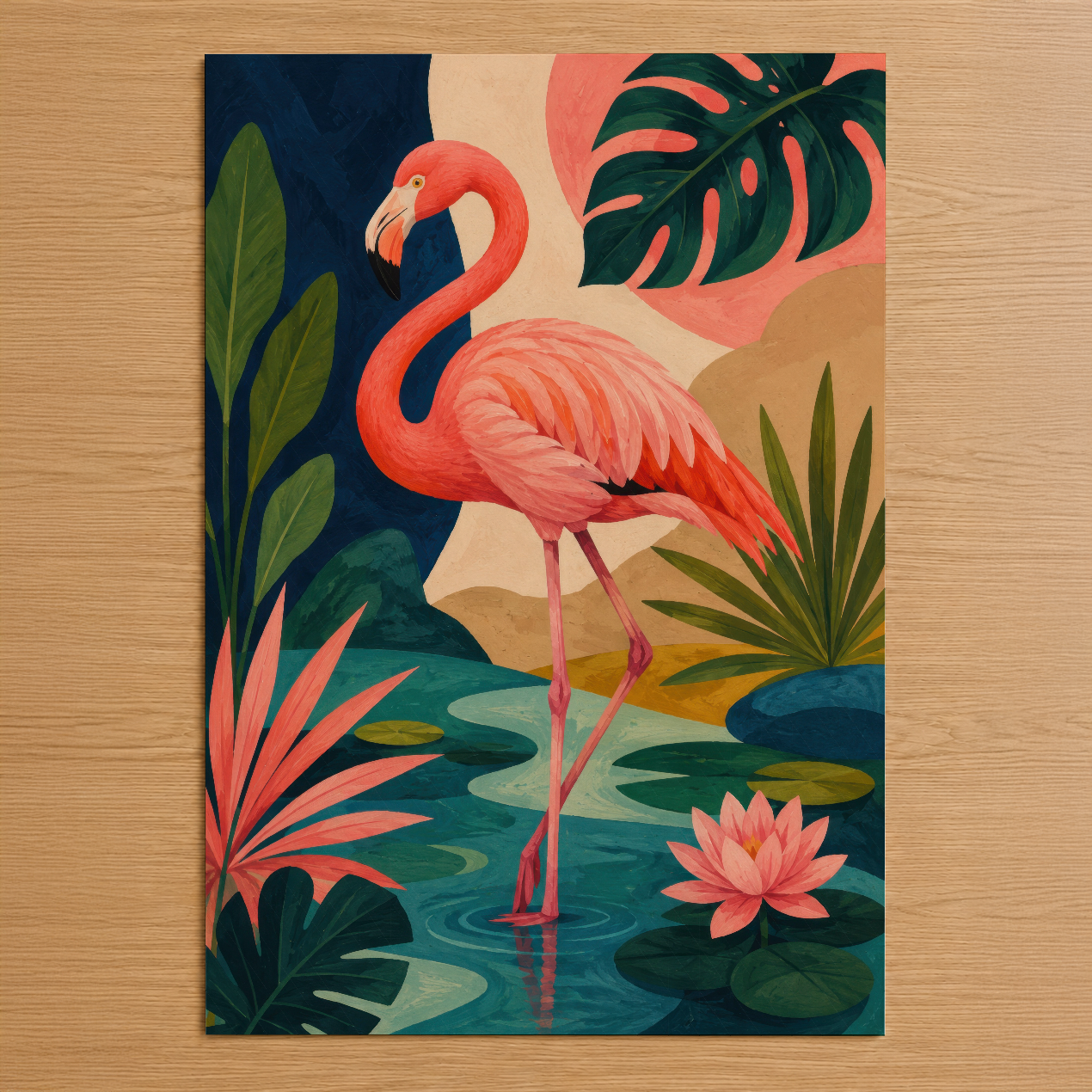 Canlı renklerle boyalı flamingo ve tropikal bitkilerin modern sanat tablosu, doğal ahşap arka planda.